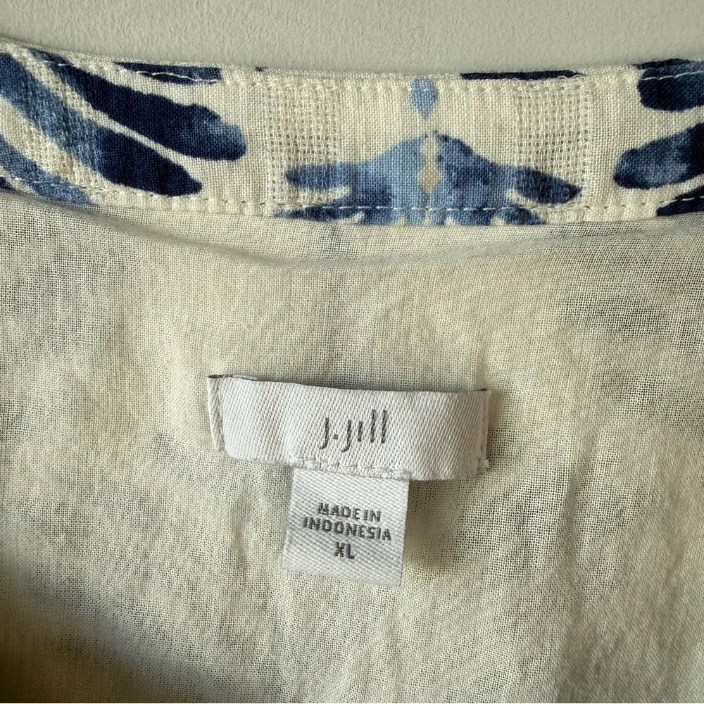 J. Jill Printed Split Neck Cotton Dress White Blue XL Coastal - Picture 3 of 9